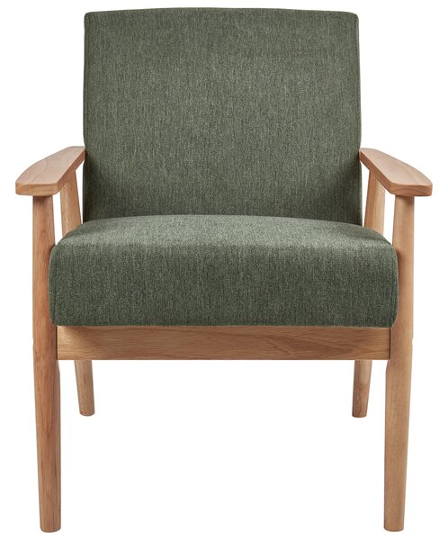 Kreslo zelené látkové čalúnenie polyester retro dizajn svetlé drevené nohy a opierky rúk obývacia izba