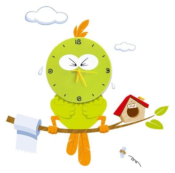 Detské nástenné svietidlo s hodinami Bird Clock, 1x zelené plastové tienidlo
