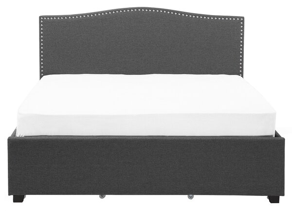Posteľ s úložným priestorom sivá látkové čalúnenie 160 x 200 cm čelo s lemovaním farebné LED osvetlenie s roštom klasický štýl