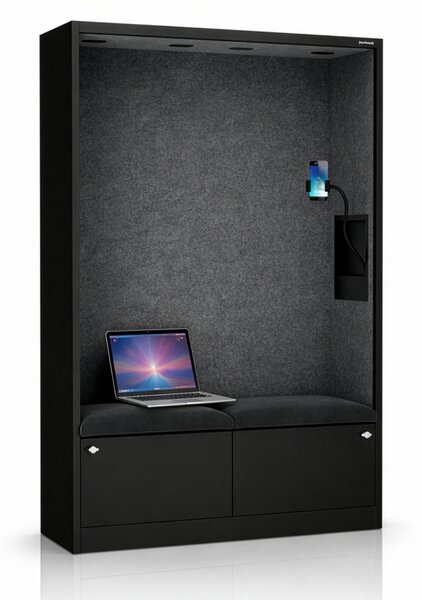 Skriňa so sedadlom a zónou ticha SALLY MentalBox, čierna konštrukcia, tmavošedé sedadlo, 1850 x 1150 x 400 mm