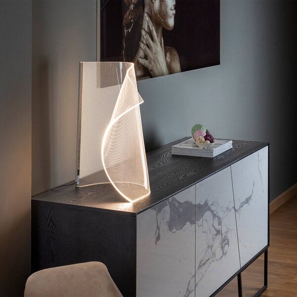 Schuller Valencia Velos II LED stolová lampa, chróm, stmievač, kov, plast, Jasné / priehľadné, Obývacia izba / jedáleň, Plast, Dizajn