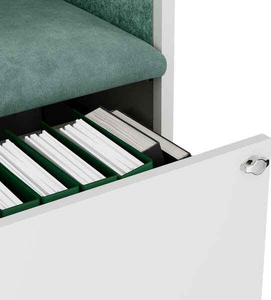 Skriňa so sedadlom a zónou ticha SALLY MentalBox, biela konštrukcia, zelené sedadlo, 1850 x 600 x 400 mm
