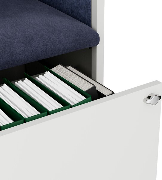 Skriňa so sedadlom a zónou ticha SALLY MentalBox, biela konštrukcia, tmavomodré sedadlo, 1850 x 600 x 400 mm