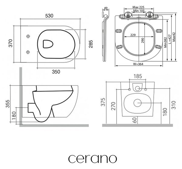 CERANO - Kompletný podomietkový WC set Lite/Felci - biela lesklá - WC tlačidlo Classic, tmavo šedá - na zamurovanie - 52,5x36 cm
