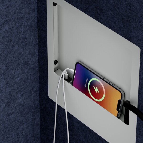Skriňa so sedadlom a zónou ticha SALLY MentalBox, šedá konštrukcia, tmavomodré sedadlo, 1850 x 1150 x 400 mm