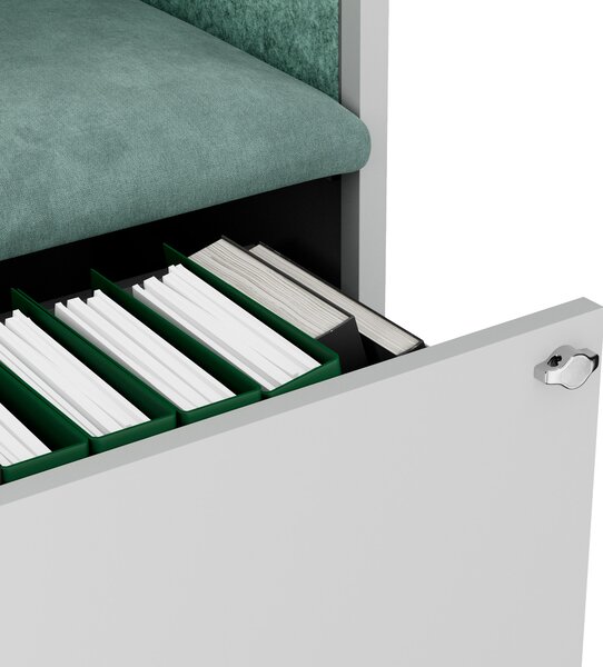 Skriňa so sedadlom a zónou ticha SALLY MentalBox, šedá konštrukcia, zelené sedadlo, 1850 x 600 x 400 mm
