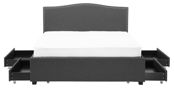 Posteľ s úložným priestorom sivá látkové čalúnenie 160 x 200 cm čelo s lemovaním biele LED osvetlenie s roštom klasický štýl