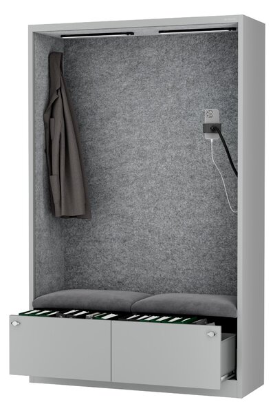 Skriňa so sedadlom a zónou ticha SALLY MentalBox, šedá konštrukcia, šedé sedadlo, 1850 x 1150 x 400 mm