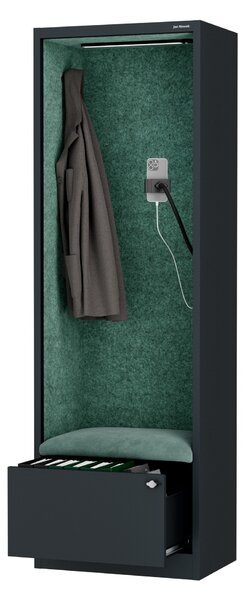 Skriňa so sedadlom a zónou ticha SALLY MentalBox, antracitová konštrukcia, zelené sedadlo, 1850 x 600 x 400 mm
