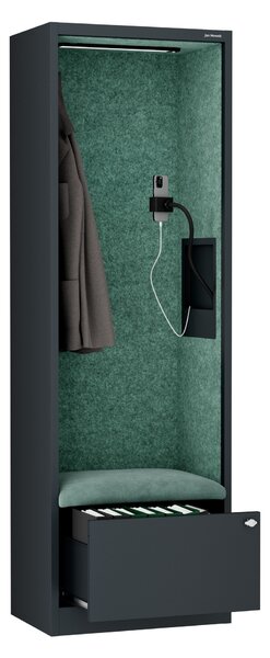 Skriňa so sedadlom a zónou ticha SALLY MentalBox, antracitová konštrukcia, zelené sedadlo, 1850 x 600 x 400 mm