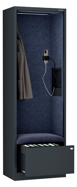 Skriňa so sedadlom a zónou ticha SALLY MentalBox, antracitová konštrukcia, tmavomodré sedadlo, 1850 x 600 x 400 mm
