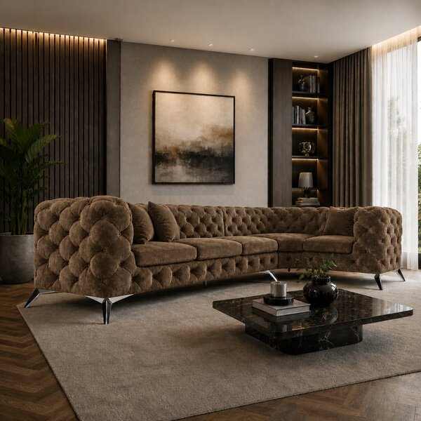 ROHOVÁ SEDAČKA CHESTERFIELD LARISSA PRAVÁ - ĽAVÁ HNEDÁ SEMIŠOVÁ LÁTKA 323 X 204 cm
