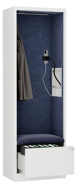 Skriňa so sedadlom a zónou ticha SALLY MentalBox, biela konštrukcia, tmavomodré sedadlo, 1850 x 600 x 400 mm