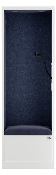 Skriňa so sedadlom a zónou ticha SALLY MentalBox, biela konštrukcia, tmavomodré sedadlo, 1850 x 600 x 400 mm