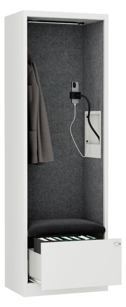 Skriňa so sedadlom a zónou ticha SALLY MentalBox, biela konštrukcia, tmavošedé sedadlo, 1850 x 600 x 400 mm