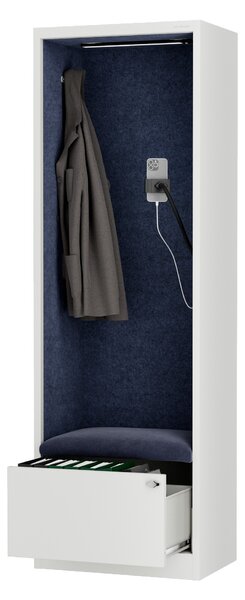 Skriňa so sedadlom a zónou ticha SALLY MentalBox, biela konštrukcia, tmavomodré sedadlo, 1850 x 600 x 400 mm