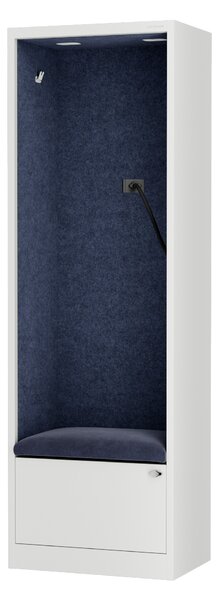 Skriňa so sedadlom a zónou ticha SALLY MentalBox, biela konštrukcia, tmavomodré sedadlo, 1850 x 600 x 400 mm