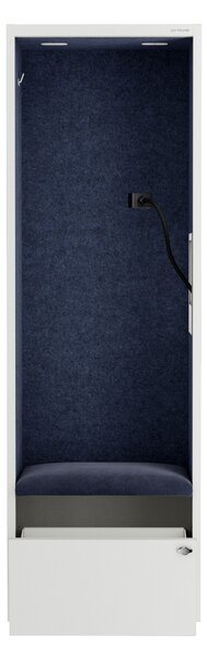 Skriňa so sedadlom a zónou ticha SALLY MentalBox, biela konštrukcia, tmavomodré sedadlo, 1850 x 600 x 400 mm