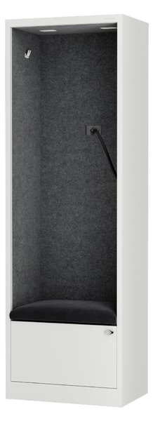 Skriňa so sedadlom a zónou ticha SALLY MentalBox, biela konštrukcia, tmavošedé sedadlo, 1850 x 600 x 400 mm