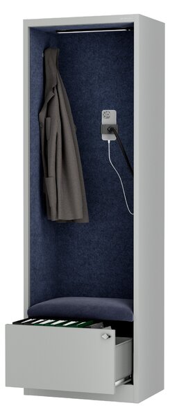 Skriňa so sedadlom a zónou ticha SALLY MentalBox, šedá konštrukcia, tmavomodré sedadlo, 1850 x 600 x 400 mm