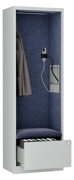 Skriňa so sedadlom a zónou ticha SALLY MentalBox, šedá konštrukcia, tmavomodré sedadlo, 1850 x 600 x 400 mm