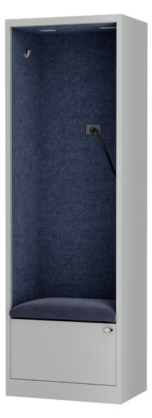 Skriňa so sedadlom a zónou ticha SALLY MentalBox, šedá konštrukcia, tmavomodré sedadlo, 1850 x 600 x 400 mm