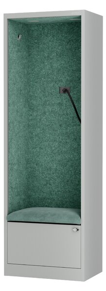 Skriňa so sedadlom a zónou ticha SALLY MentalBox, šedá konštrukcia, zelené sedadlo, 1850 x 600 x 400 mm
