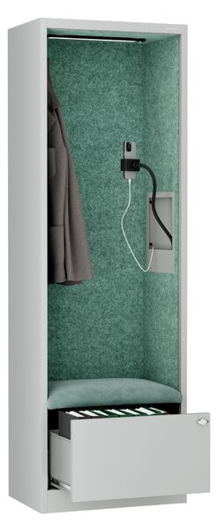 Skriňa so sedadlom a zónou ticha SALLY MentalBox, šedá konštrukcia, zelené sedadlo, 1850 x 600 x 400 mm