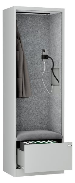 Skriňa so sedadlom a zónou ticha SALLY MentalBox, šedá konštrukcia, šedé sedadlo, 1850 x 600 x 400 mm