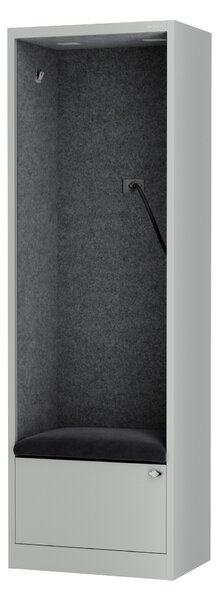 Skriňa so sedadlom a zónou ticha SALLY MentalBox, šedá konštrukcia, tmavošedé sedadlo, 1850 x 600 x 400 mm