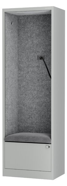 Skriňa so sedadlom a zónou ticha SALLY MentalBox, šedá konštrukcia, šedé sedadlo, 1850 x 600 x 400 mm