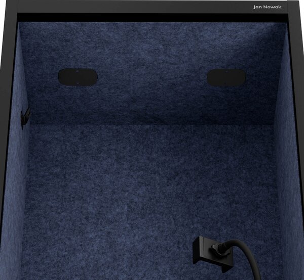 Skriňa so sedadlom a zónou ticha SALLY MentalBox, čierna konštrukcia, tmavomodré sedadlo, 1850 x 600 x 400 mm