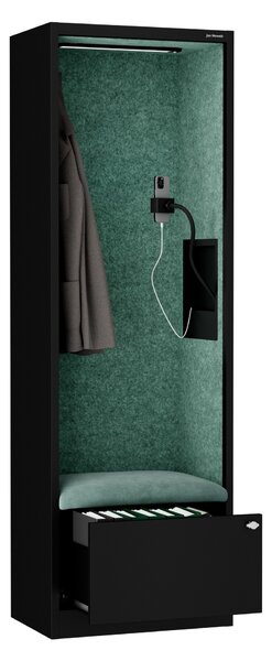Skriňa so sedadlom a zónou ticha SALLY MentalBox, čierna konštrukcia, zelené sedadlo, 1850 x 600 x 400 mm