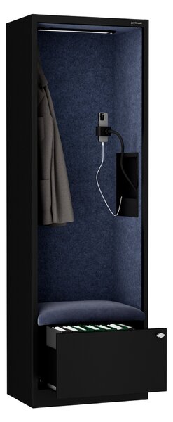 Skriňa so sedadlom a zónou ticha SALLY MentalBox, čierna konštrukcia, tmavomodré sedadlo, 1850 x 600 x 400 mm