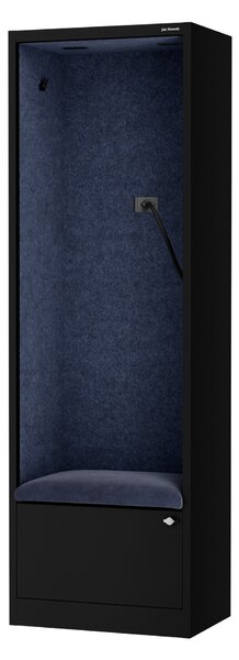 Skriňa so sedadlom a zónou ticha SALLY MentalBox, čierna konštrukcia, tmavomodré sedadlo, 1850 x 600 x 400 mm