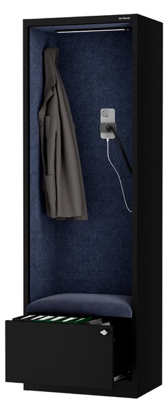 Skriňa so sedadlom a zónou ticha SALLY MentalBox, čierna konštrukcia, tmavomodré sedadlo, 1850 x 600 x 400 mm