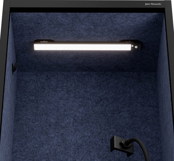 Skriňa so sedadlom a zónou ticha SALLY MentalBox, čierna konštrukcia, tmavomodré sedadlo, 1850 x 600 x 400 mm
