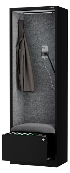 Skriňa so sedadlom a zónou ticha SALLY MentalBox, čierna konštrukcia, šedé sedadlo, 1850 x 600 x 400 mm