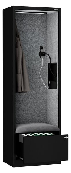 Skriňa so sedadlom a zónou ticha SALLY MentalBox, čierna konštrukcia, šedé sedadlo, 1850 x 600 x 400 mm