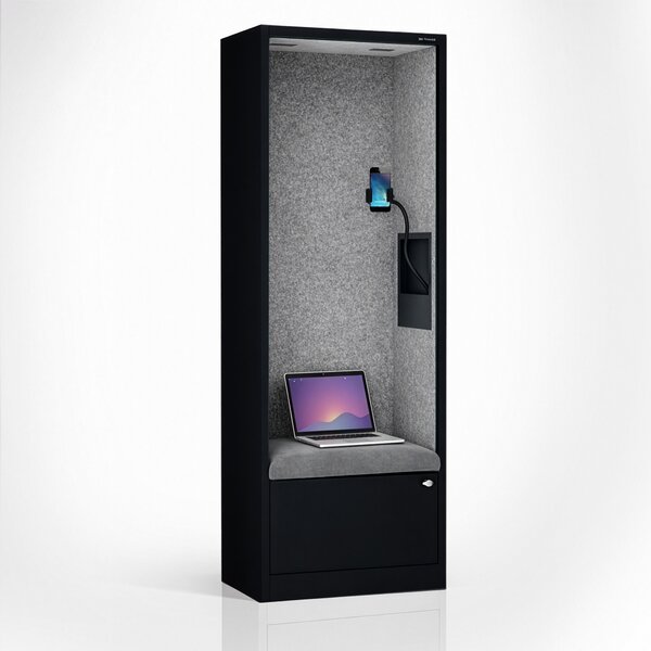 Skriňa so sedadlom a zónou ticha SALLY MentalBox, čierna konštrukcia, šedé sedadlo, 1850 x 600 x 400 mm