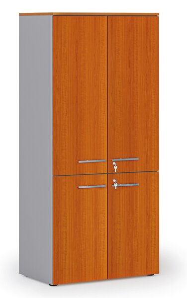 Kancelárska policová skriňa PRIMO GRAY, polené dvere, 800 x 500 x 1781 mm, sivá/čerešňa