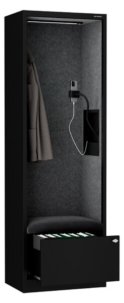 Skriňa so sedadlom a zónou ticha SALLY MentalBox, čierna konštrukcia, tmavošedé sedadlo, 1850 x 600 x 400 mm