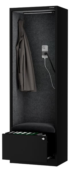 Skriňa so sedadlom a zónou ticha SALLY MentalBox, čierna konštrukcia, tmavošedé sedadlo, 1850 x 600 x 400 mm