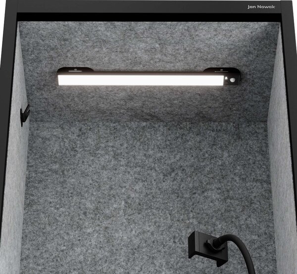 Skriňa so sedadlom a zónou ticha SALLY MentalBox, čierna konštrukcia, šedé sedadlo, 1850 x 600 x 400 mm