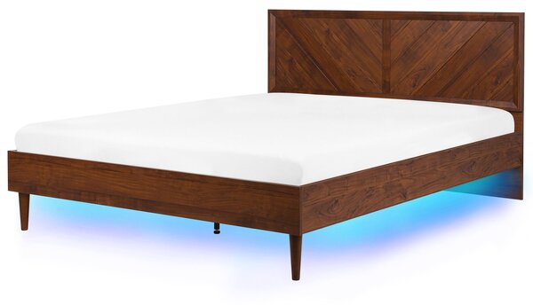 Posteľ tmavé drevo 180 x 200 cm viacfarebné LED osvetlenie s vysokým čelom rustikálny moderný štýl spálňa
