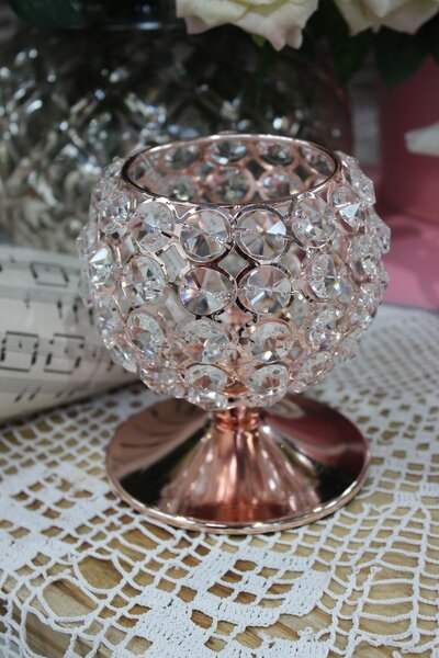 Ružový luxusný svietnik so skleneným zdobením 12cm