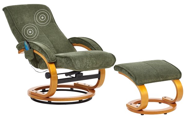 Polohovacie kreslo s podnožkou zelené látkové čalúnenie vyhrievané masážne otočné drevený rám retro dizajn