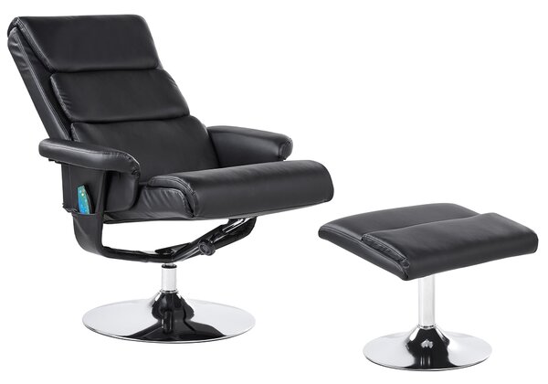 Polohovacie kreslo s podnožkou čierna umelá koža čalúnené vyhrievané masážne kovový rám retro dizajn
