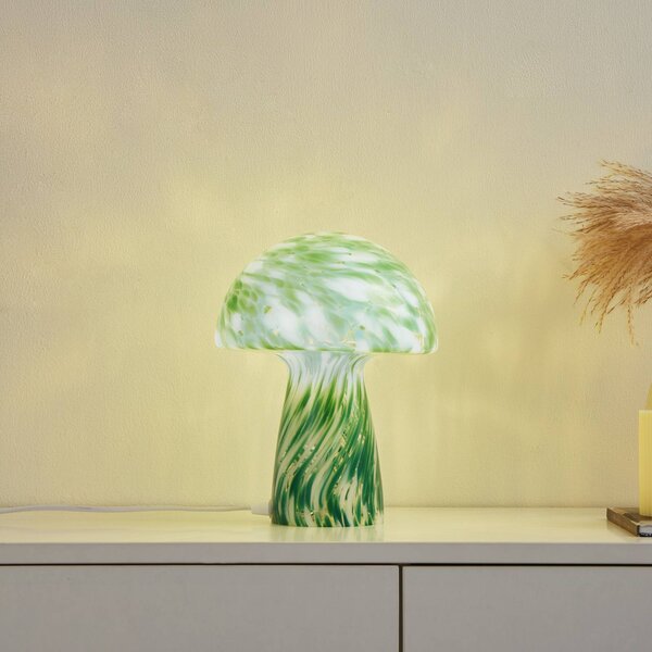 Lindby Stolná lampa Hubi, zelená, sklo, Ø 22 cm, tvar hríbu, Zelená, Obývacia izba / jedáleň, Sklo, Moderný, Stojacie svietidlo