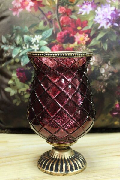 Cyklámenový rustikálny svietnik v tvare čaše 22cm